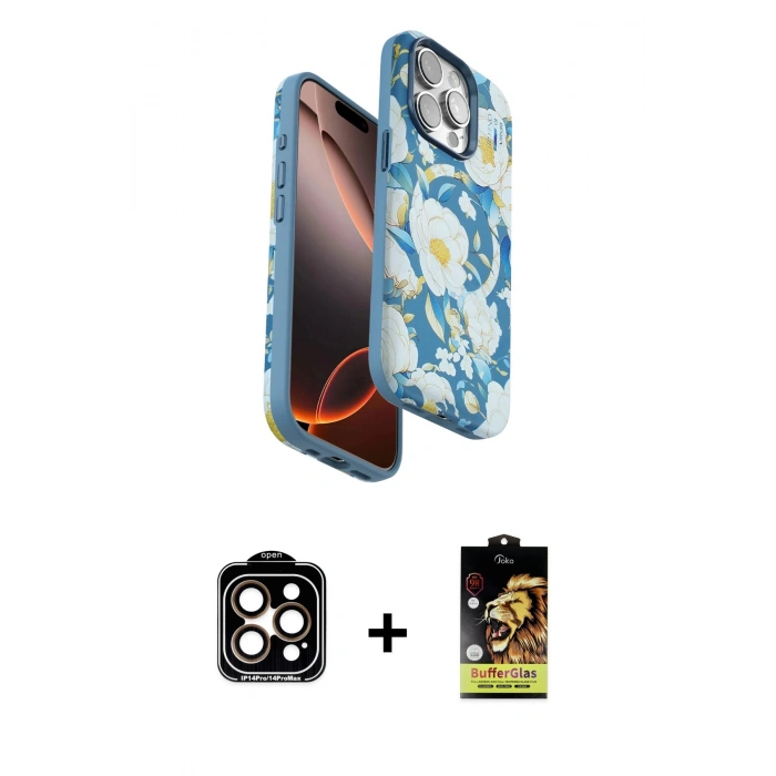 MARSİLYAN™- iPhone 15 Pro Max Kılıf Siluet Doku - Siyah Buffer Cam Ekran Koruyucu + PVD Metal Kamera Lens - TU