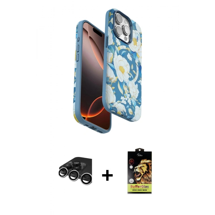 MARSİLYAN™- iPhone 15 Pro Max Kılıf Siluet Doku - Siyah Buffer Cam Ekran Koruyucu + Raze Metal Kamera Lens - GS