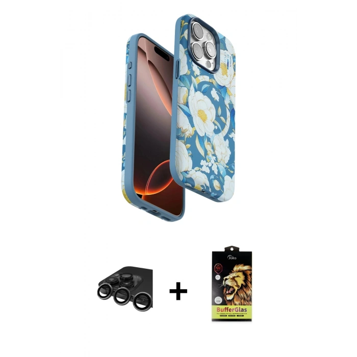 MARSİLYAN™- iPhone 15 Pro Max Kılıf Siluet Doku - Siyah Buffer Cam Ekran Koruyucu + Raze Metal Kamera Lens - TMGI