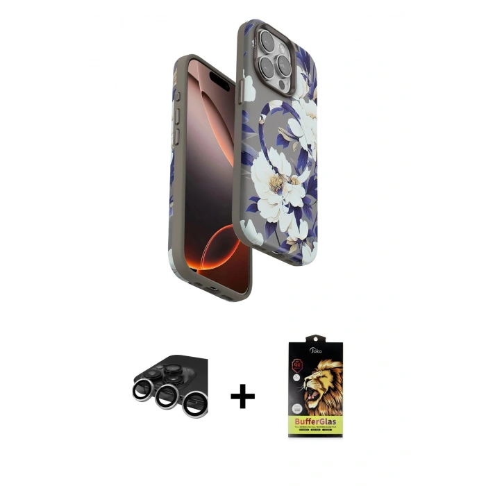 MARSİLYAN™- iPhone 15 Pro Max Kılıf Siluet Doku - Siyah Buffer Cam Ekran Koruyucu + Raze Metal Kamera Lens - GS