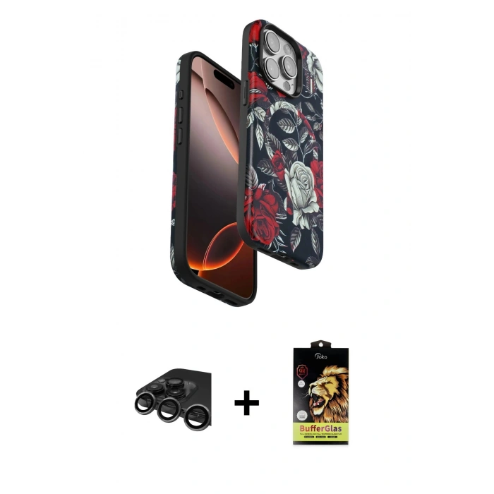MARSİLYAN™- iPhone 15 Pro Max Kılıf Siluet Doku - Siyah Buffer Cam Ekran Koruyucu + Raze Metal Kamera Lens - TMGI
