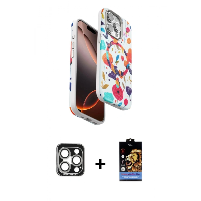 MARSİLYAN™- iPhone 15 Pro Max Kılıf Siluet Doku - Siyah Buffer Hayalet Cam Ekran Koruyucu + PVD Metal Kamera Lens - GS