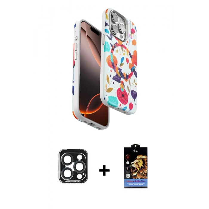 MARSİLYAN™- iPhone 15 Pro Max Kılıf Siluet Doku - Siyah Buffer Hayalet Cam Ekran Koruyucu + PVD Metal Kamera Lens - LT