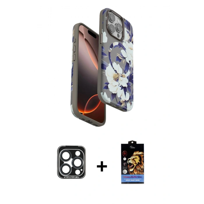 MARSİLYAN™- iPhone 15 Pro Max Kılıf Siluet Doku - Siyah Buffer Hayalet Cam Ekran Koruyucu + PVD Metal Kamera Lens - LT