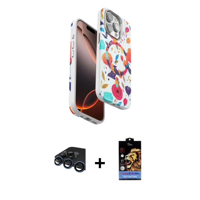 MARSİLYAN™- iPhone 15 Pro Max Kılıf Siluet Doku - Siyah Buffer Hayalet Cam Ekran Koruyucu + Raze Metal Kamera Lens - LT
