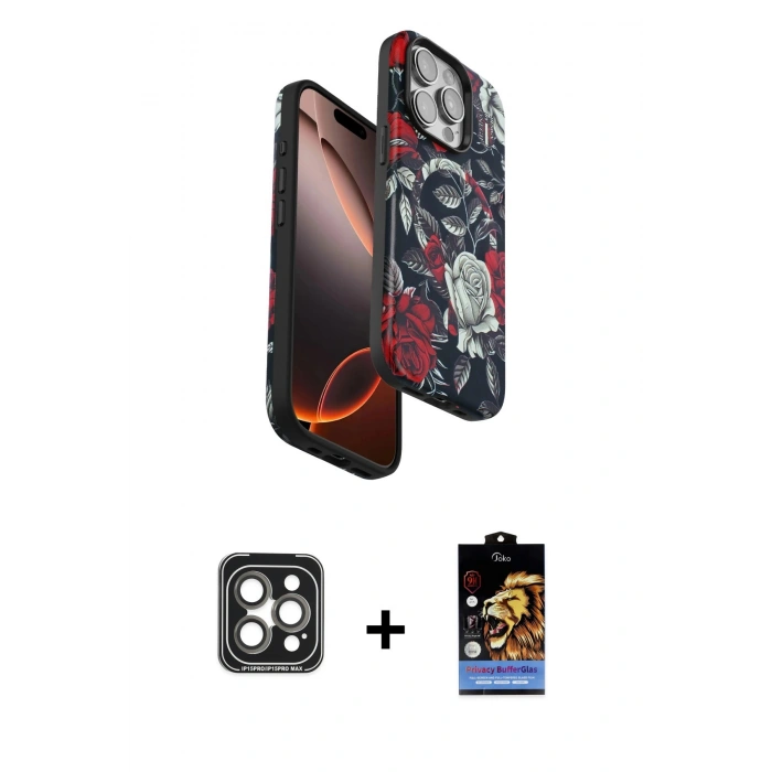 MARSİLYAN™- iPhone 15 Pro Max Kılıf Siluet Doku - Siyah Buffer Hayalet Cam Ekran Koruyucu + PVD Metal Kamera Lens - GI