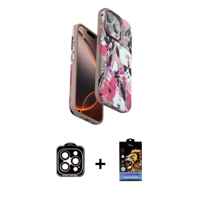 MARSİLYAN™- iPhone 15 Pro Max Kılıf Siluet Doku - Siyah Buffer Hayalet Cam Ekran Koruyucu + PVD Metal Kamera Lens - TU