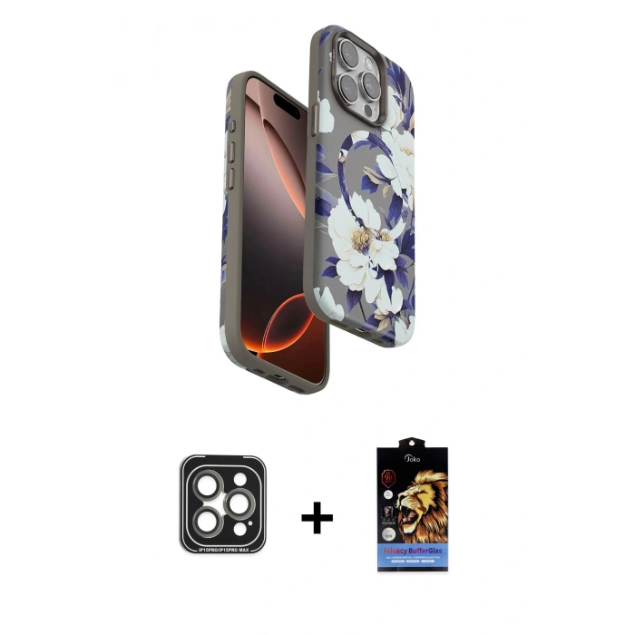 MARSİLYAN™- iPhone 15 Pro Max Kılıf Siluet Doku - Siyah Buffer Hayalet Cam Ekran Koruyucu + PVD Metal Kamera Lens - GI