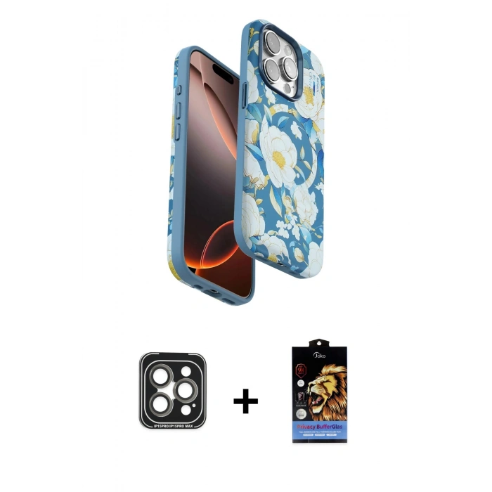 MARSİLYAN™- iPhone 15 Pro Max Kılıf Siluet Doku - Siyah Buffer Hayalet Cam Ekran Koruyucu + PVD Metal Kamera Lens - GI