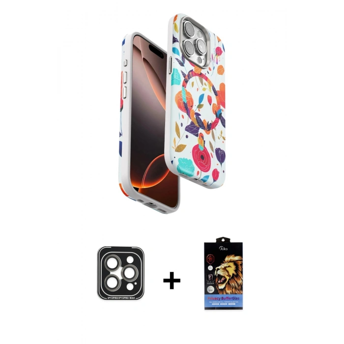 MARSİLYAN™- iPhone 15 Pro Max Kılıf Siluet Doku - Siyah Buffer Hayalet Cam Ekran Koruyucu + PVD Metal Kamera Lens - GI