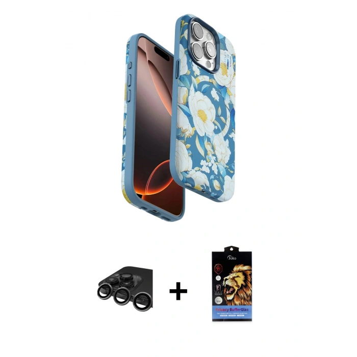 MARSİLYAN™- iPhone 15 Pro Max Kılıf Siluet Doku - Siyah Buffer Hayalet Cam Ekran Koruyucu + Raze Metal Kamera Lens - TMGI