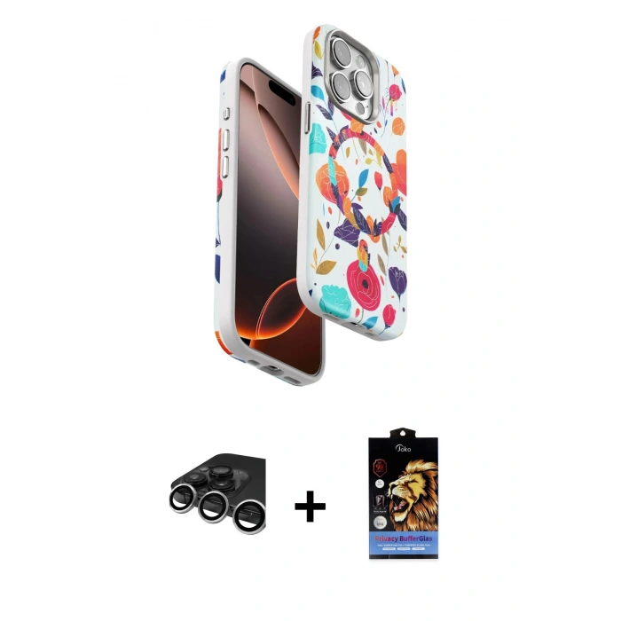 MARSİLYAN™- iPhone 15 Pro Max Kılıf Siluet Doku - Siyah Buffer Hayalet Cam Ekran Koruyucu + Raze Metal Kamera Lens - GS
