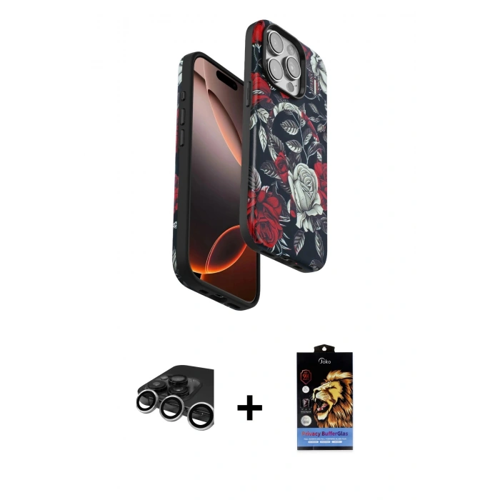 MARSİLYAN™- iPhone 15 Pro Max Kılıf Siluet Doku - Siyah Buffer Hayalet Cam Ekran Koruyucu + Raze Metal Kamera Lens - GS
