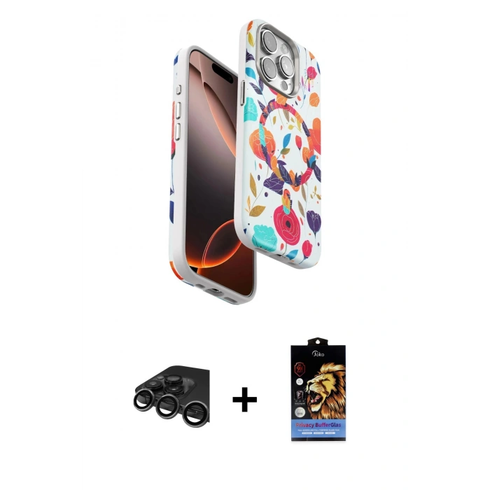 MARSİLYAN™- iPhone 15 Pro Max Kılıf Siluet Doku - Siyah Buffer Hayalet Cam Ekran Koruyucu + Raze Metal Kamera Lens - TMGI