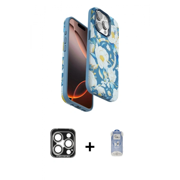 MARSİLYAN™- iPhone 15 Pro Max Kılıf Siluet Doku - Siyah Joko Magic 5D Cam + PVD Metal Kamera Lens - GS