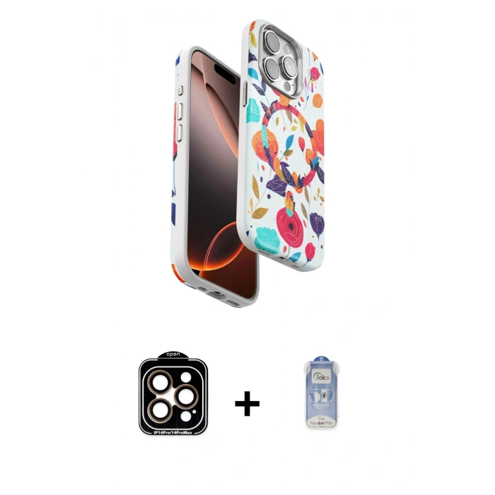 MARSİLYAN™- iPhone 15 Pro Max Kılıf Siluet Doku - Siyah Joko Magic 5D Cam + Turuncu PVD Metal Kamera Lens