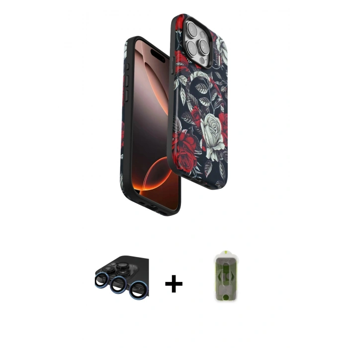 MARSİLYAN™- iPhone 15 Pro Max Kılıf Siluet Doku - Siyah Joko Magic 5D Hayalet Cam + Raze Metal Kamera Lens - LT