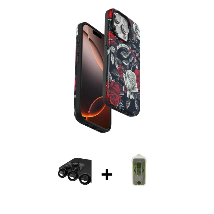 MARSİLYAN™- iPhone 15 Pro Max Kılıf Siluet Doku - Siyah Joko Magic 5D Hayalet Cam + Raze Metal Kamera Lens - SH