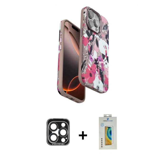 MARSİLYAN™- iPhone 15 Pro Max Kılıf Siluet Doku - Siyah Polymer Nano Ekran Koruyucu + PVD Metal Kamera Lens - LT
