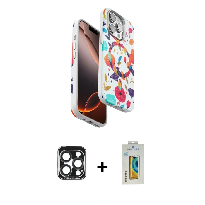 MARSİLYAN™- iPhone 15 Pro Max Kılıf Siluet Doku - Siyah Polymer Nano Ekran Koruyucu + PVD Metal Kamera Lens - LT