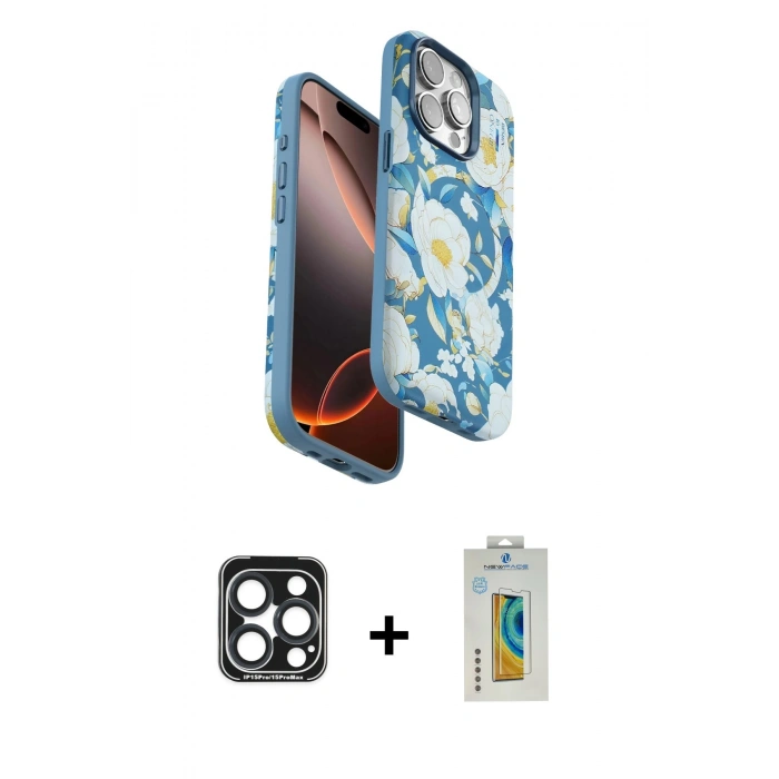MARSİLYAN™- iPhone 15 Pro Max Kılıf Siluet Doku - Siyah Polymer Nano Ekran Koruyucu + PVD Metal Kamera Lens - LT