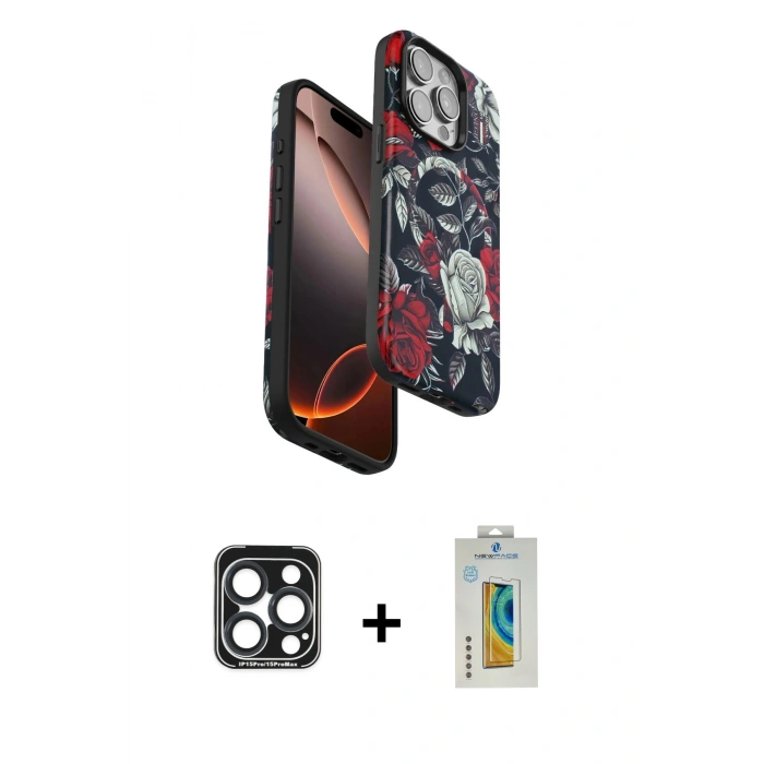 MARSİLYAN™- iPhone 15 Pro Max Kılıf Siluet Doku - Siyah Polymer Nano Ekran Koruyucu + PVD Metal Kamera Lens - LT