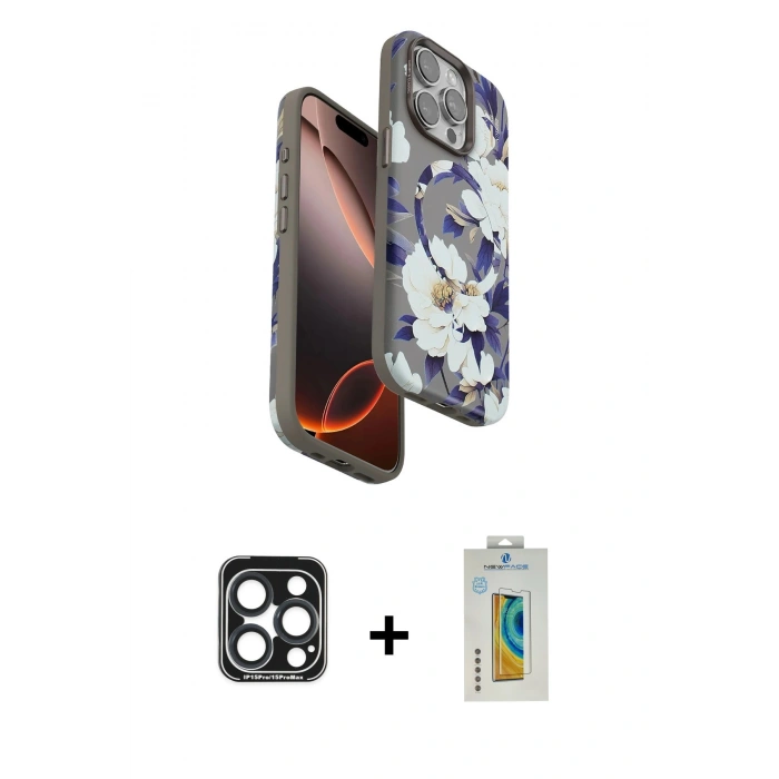 MARSİLYAN™- iPhone 15 Pro Max Kılıf Siluet Doku - Siyah Polymer Nano Ekran Koruyucu + PVD Metal Kamera Lens - LT