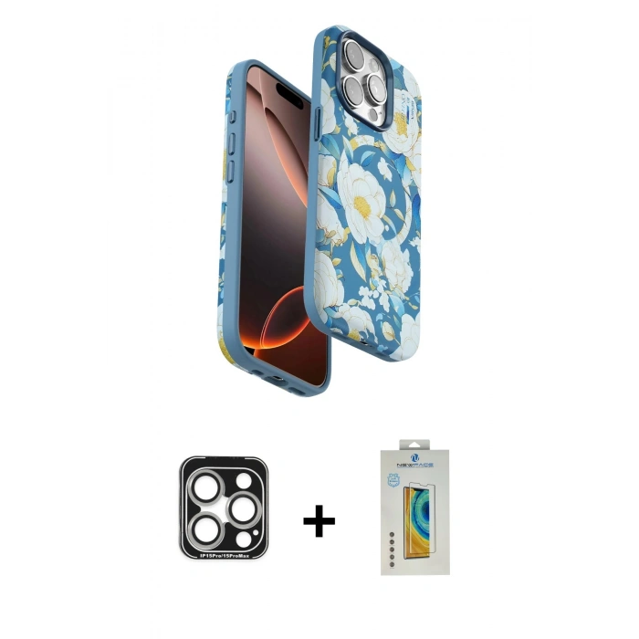 MARSİLYAN™- iPhone 15 Pro Max Kılıf Siluet Doku - Siyah Polymer Nano Ekran Koruyucu + PVD Metal Kamera Lens - GS