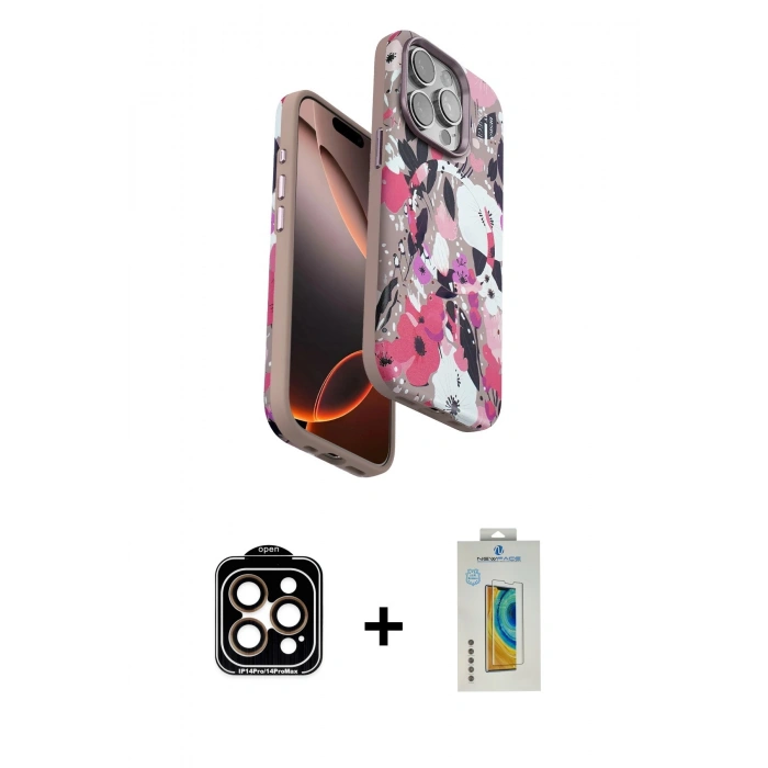 MARSİLYAN™- iPhone 15 Pro Max Kılıf Siluet Doku - Siyah Polymer Nano Ekran Koruyucu + PVD Metal Kamera Lens - TU