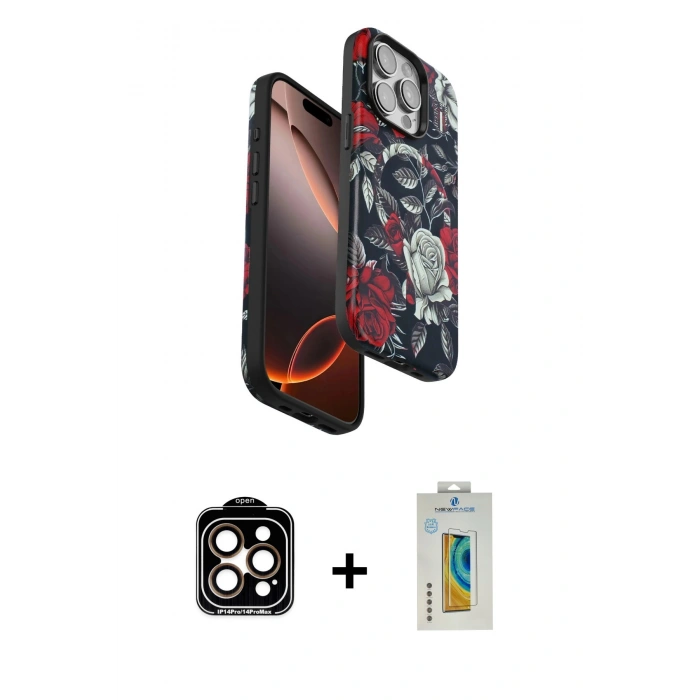 MARSİLYAN™- iPhone 15 Pro Max Kılıf Siluet Doku - Siyah Polymer Nano Ekran Koruyucu + PVD Metal Kamera Lens - TU