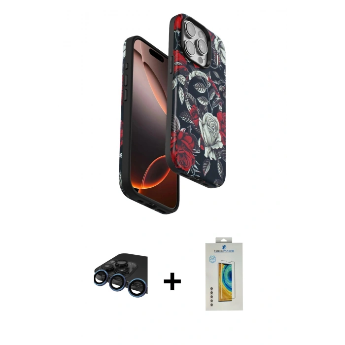 MARSİLYAN™- iPhone 15 Pro Max Kılıf Siluet Doku - Siyah Polymer Nano Ekran Koruyucu + Raze Metal Kamera Lens - LT