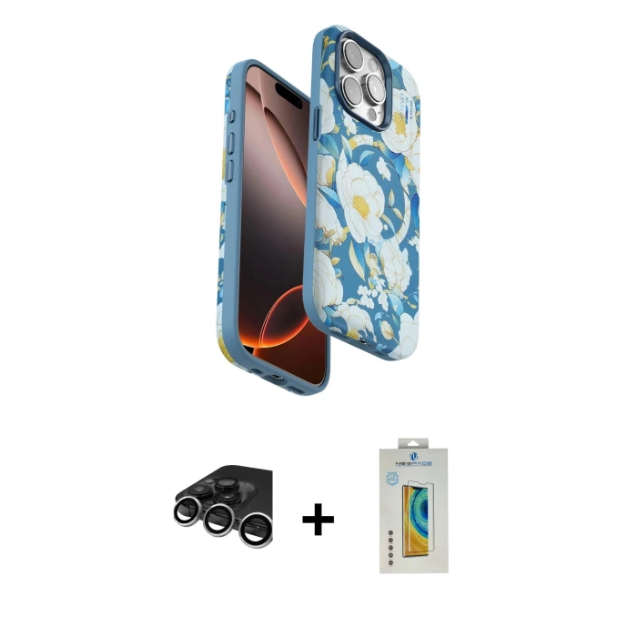 MARSİLYAN™- iPhone 15 Pro Max Kılıf Siluet Doku - Siyah Polymer Nano Ekran Koruyucu + Raze Metal Kamera Lens - GS