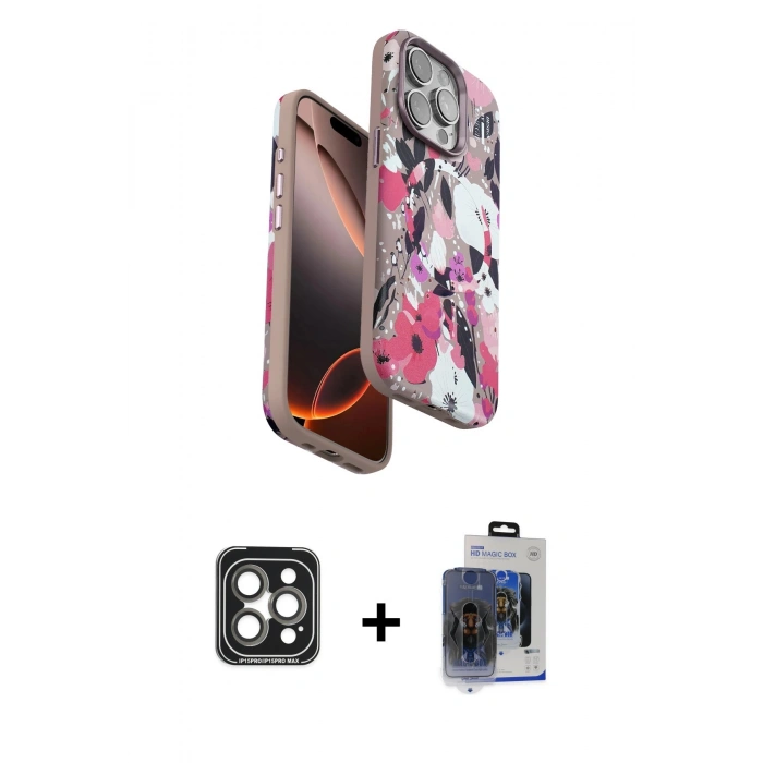 MARSİLYAN™- iPhone 15 Pro Max Kılıf Siluet Doku - Siyah Vanessa Magic Cam + PVD Metal Kamera Lens - GI