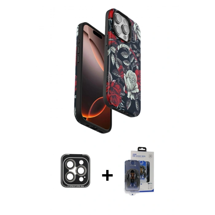 MARSİLYAN™- iPhone 15 Pro Max Kılıf Siluet Doku - Siyah Vanessa Magic Cam + PVD Metal Kamera Lens - GI