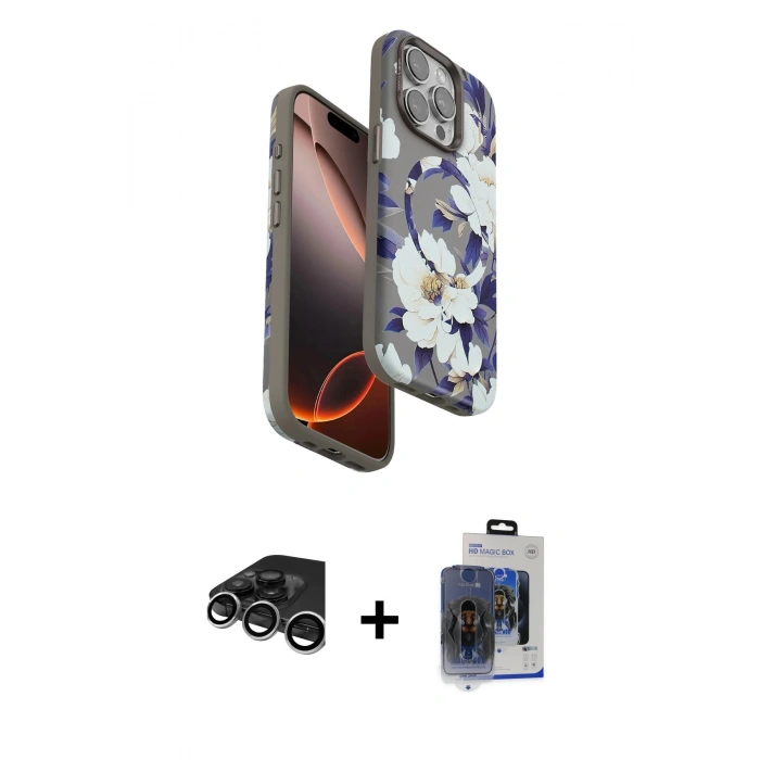 MARSİLYAN™- iPhone 15 Pro Max Kılıf Siluet Doku - Siyah Vanessa Magic Cam + Raze Metal Kamera Lens - GS
