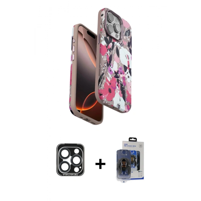 MARSİLYAN™- iPhone 15 Pro Max Kılıf Siluet Doku - Siyah Vanessa Magic Cam + PVD Metal Kamera Lens - LT