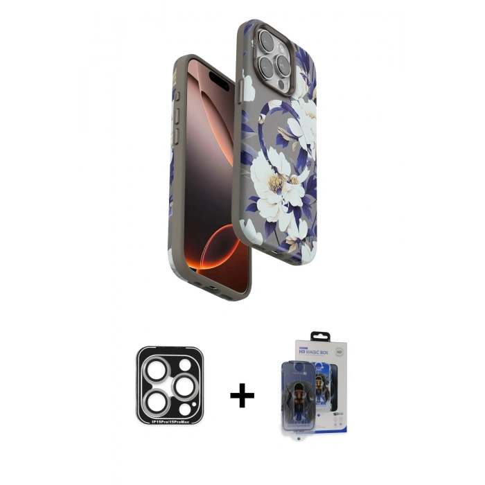 MARSİLYAN™- iPhone 15 Pro Max Kılıf Siluet Doku - Siyah Vanessa Magic Cam + PVD Metal Kamera Lens - GS