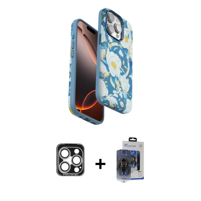 MARSİLYAN™- iPhone 15 Pro Max Kılıf Siluet Doku - Siyah Vanessa Magic Cam + PVD Metal Kamera Lens - GS