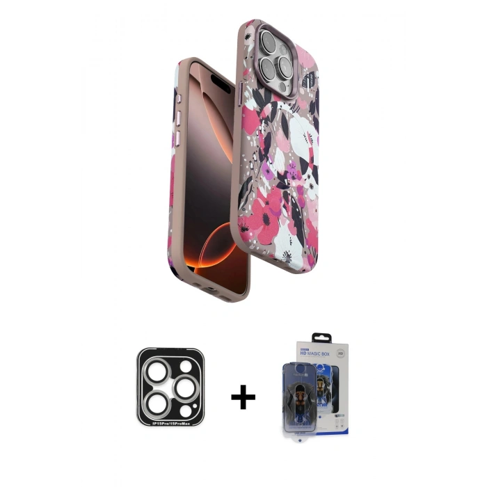 MARSİLYAN™- iPhone 15 Pro Max Kılıf Siluet Doku - Siyah Vanessa Magic Cam + PVD Metal Kamera Lens - GS