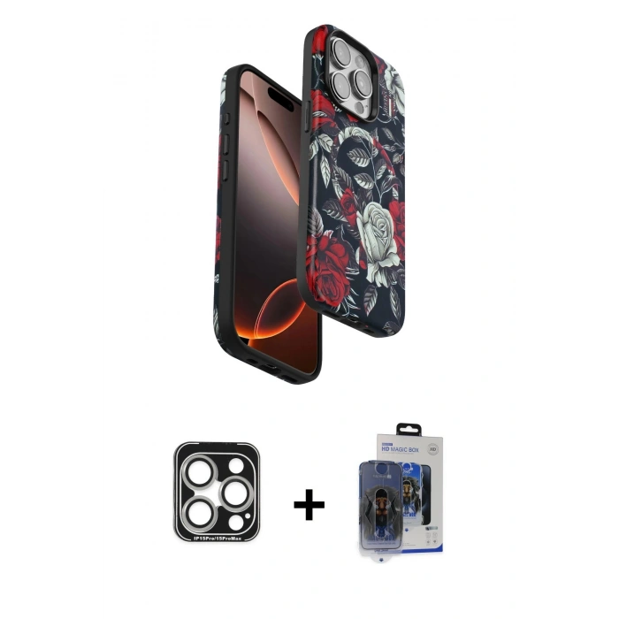 MARSİLYAN™- iPhone 15 Pro Max Kılıf Siluet Doku - Siyah Vanessa Magic Cam + PVD Metal Kamera Lens - GS