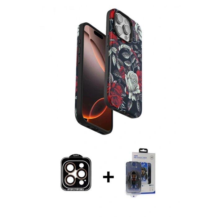 MARSİLYAN™- iPhone 15 Pro Max Kılıf Siluet Doku - Siyah Vanessa Magic Cam + PVD Metal Kamera Lens - TU