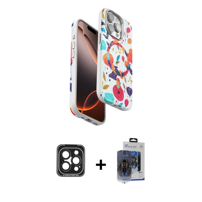 MARSİLYAN™- iPhone 15 Pro Max Kılıf Siluet Doku - Siyah Vanessa Magic Cam + Siyah PVD Metal Kamera Lens