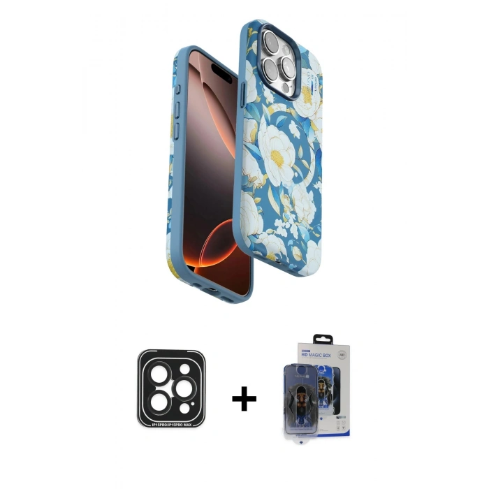 MARSİLYAN™- iPhone 15 Pro Max Kılıf Siluet Doku - Siyah Vanessa Magic Cam + Siyah PVD Metal Kamera Lens