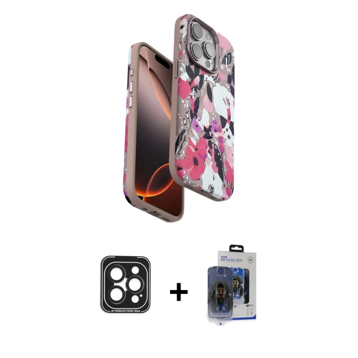 MARSİLYAN™- iPhone 15 Pro Max Kılıf Siluet Doku - Siyah Vanessa Magic Cam + Siyah PVD Metal Kamera Lens