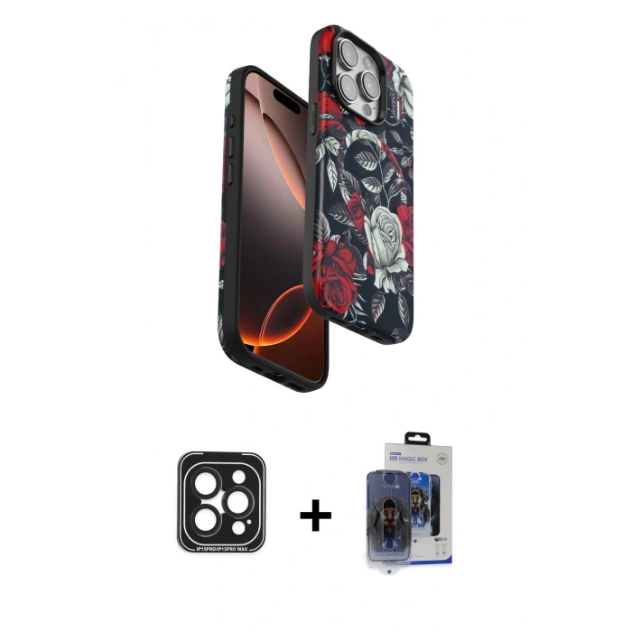 MARSİLYAN™- iPhone 15 Pro Max Kılıf Siluet Doku - Siyah Vanessa Magic Cam + Siyah PVD Metal Kamera Lens