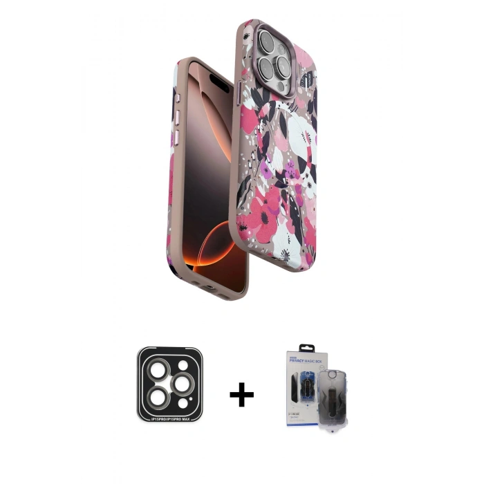 MARSİLYAN™- iPhone 15 Pro Max Kılıf Siluet Doku - Siyah Vanessa Magic Hayalet Cam + PVD Metal Kamera Lens - GI