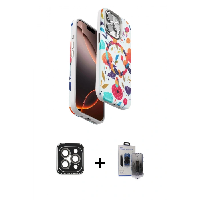 MARSİLYAN™- iPhone 15 Pro Max Kılıf Siluet Doku - Siyah Vanessa Magic Hayalet Cam + PVD Metal Kamera Lens - GI