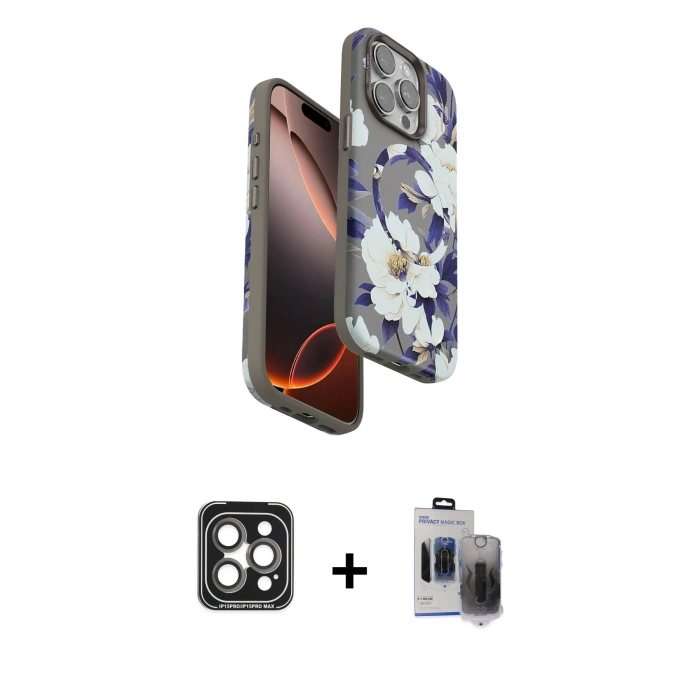 MARSİLYAN™- iPhone 15 Pro Max Kılıf Siluet Doku - Siyah Vanessa Magic Hayalet Cam + PVD Metal Kamera Lens - GI
