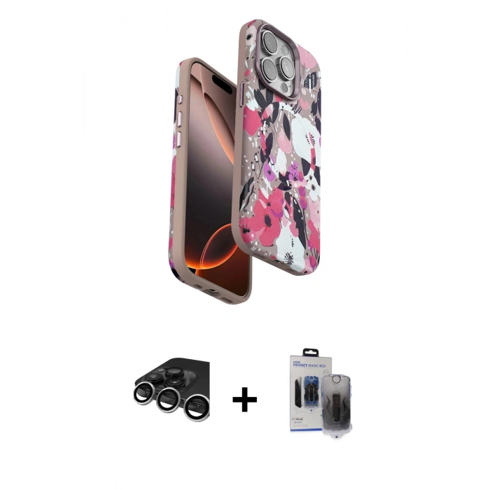 MARSİLYAN™- iPhone 15 Pro Max Kılıf Siluet Doku - Siyah Vanessa Magic Hayalet Cam + Gümüş Raze Metal Kamera Lens