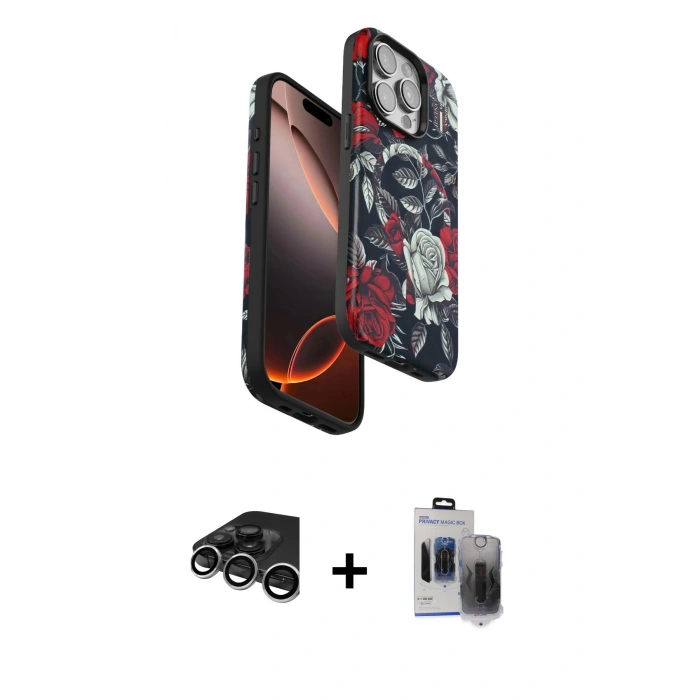 MARSİLYAN™- iPhone 15 Pro Max Kılıf Siluet Doku - Siyah Vanessa Magic Hayalet Cam + Gümüş Raze Metal Kamera Lens